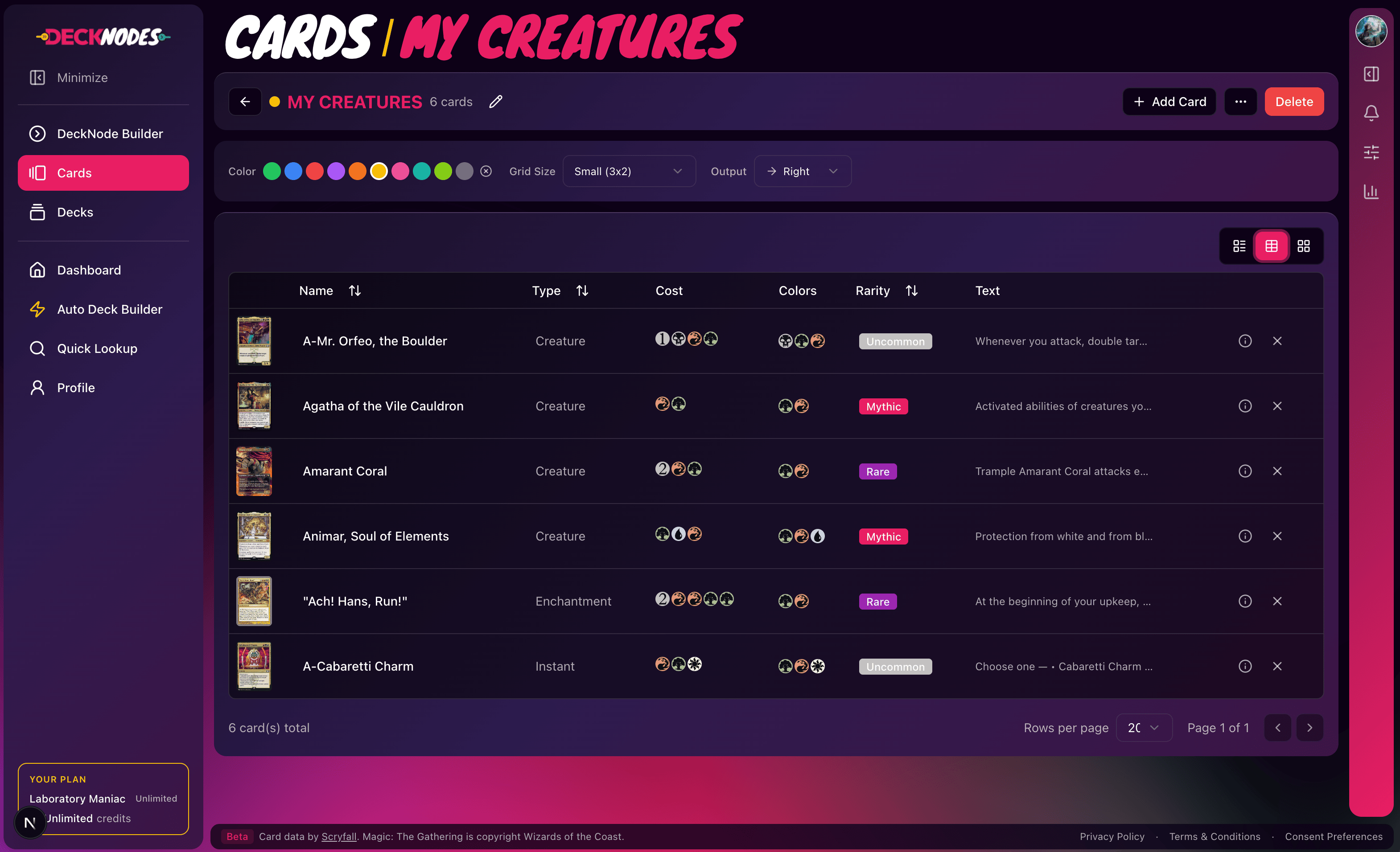 The nodes page, listing coloured nodes of cards with search and import